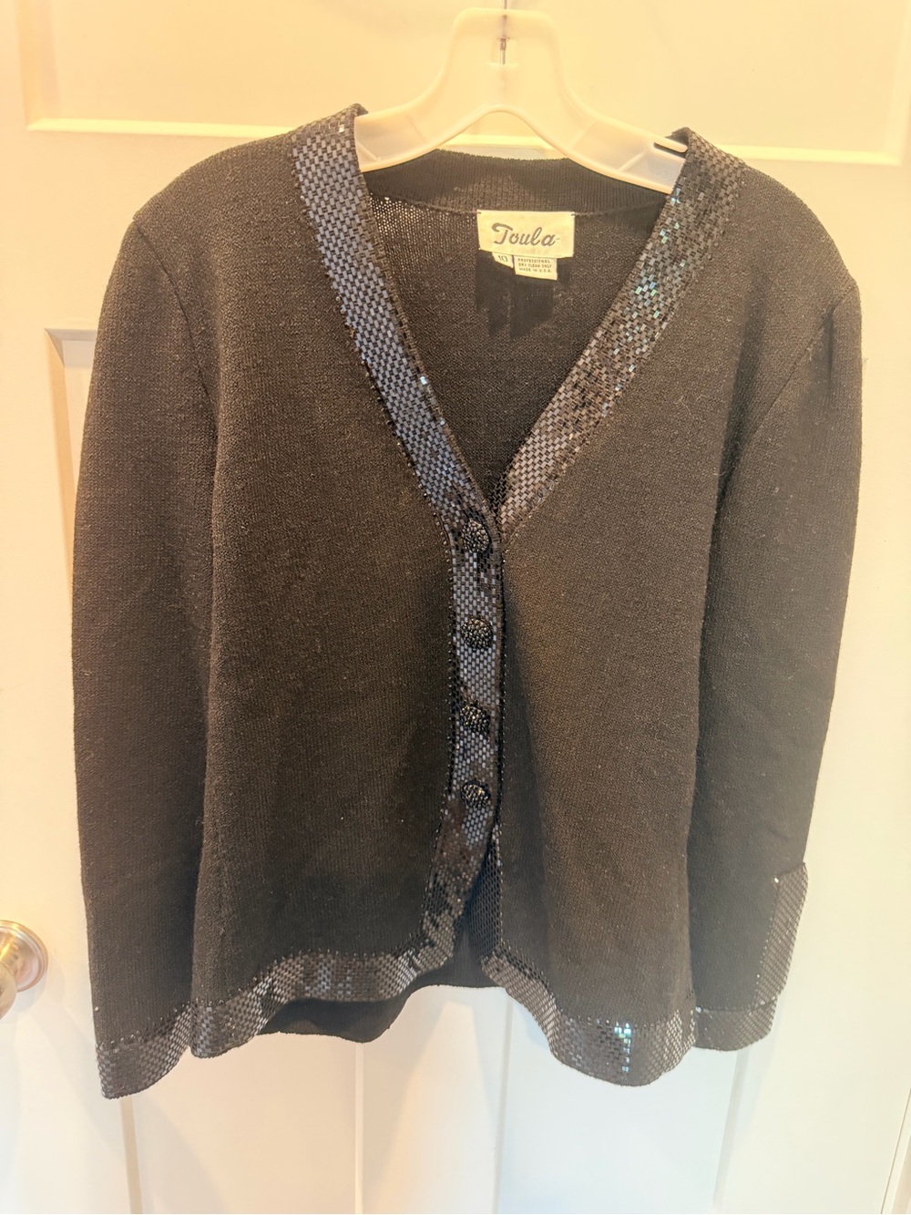 Toula Black Sequin Trim Cardigan Jacket Size 10 Jeweled Buttons Made in USA